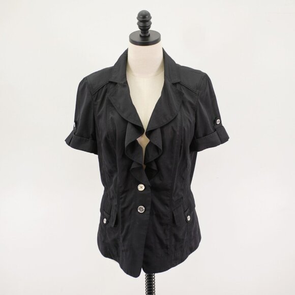 White House Black Market Tops - White House Black Market Collared Ruffle Button‎ Front Black Rolled Tab Top 10